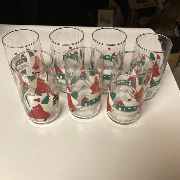 Vintage Anchor Hocking Christmas Glass Tumblers 12 oz. SANTA (1988)  7-Pc Set - Picture 1 of 11